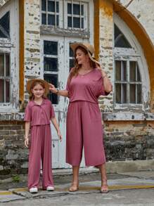 SHEIN LUNE 大碼1入組落肩T恤和1入組闊腿褲 - 藕粉色 - 查看 4