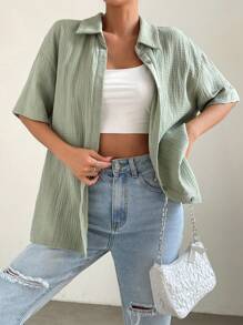 SHEIN EZwear Women Blouses Tombol Depan Plain Casual - Hijau - View 4