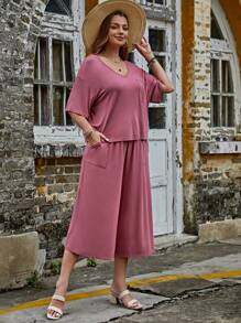 SHEIN LUNE 大碼1入組落肩T恤和1入組闊腿褲 - 藕粉色 - 查看 6