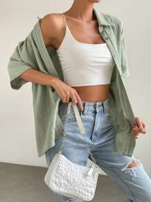 SHEIN EZwear Women Blouses Tombol Depan Plain Casual - Hijau - View 5