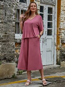 SHEIN LUNE 大碼1入組落肩T恤和1入組闊腿褲 - 藕粉色 - 查看 8