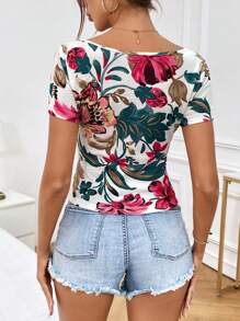 SHEIN Privé Floral Print Square Neck Tee - Multicolor - View 2