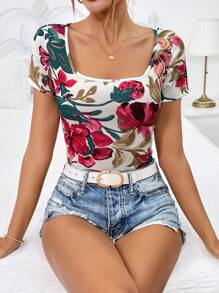 SHEIN Privé Floral Print Square Neck Tee - Multicolor - View 3