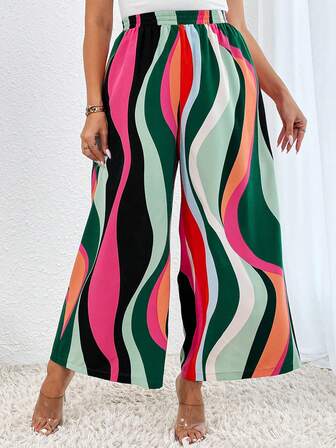 SHEIN Privé 大碼滿版印花闊腿褲