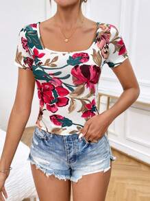 SHEIN Privé Floral Print Square Neck Tee - Multicolor - View 5