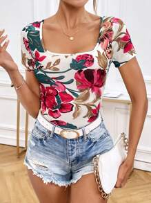 SHEIN Privé Floral Print Square Neck Tee - Multicolor - View 6