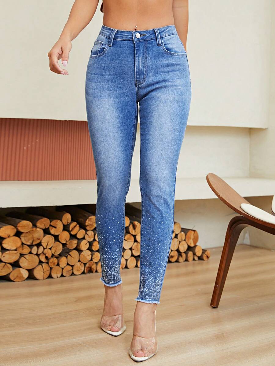 SHEIN Essnce Quần jean nữ Nút Túi Dây kéo màu trơn - Rửa trung bình - Xem 1