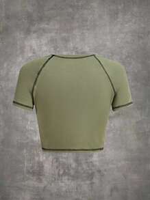 ROMWE Grunge Punk Mắt in Khâu trên cùng Tay Raglan Áo phông Crop - xanh quân đội - Xem 2