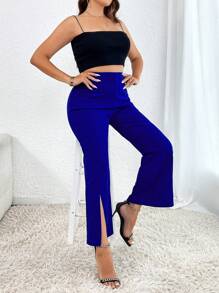 SHEIN Privé 大碼下擺開叉喇叭褲 - 寶藍色 - 查看 6