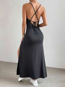 SHEIN EZwear Vestido de tirantes unicolor de muslo con abertura - Negro - Ver 2