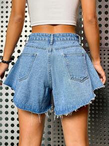 Solid Wide Leg Denim Shorts - Light Wash - View 2