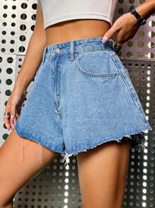 Solid Wide Leg Denim Shorts - Light Wash - View 3