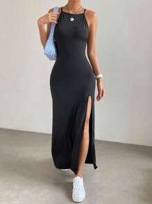 SHEIN EZwear Vestido de tirantes unicolor de muslo con abertura - Negro - Ver 4