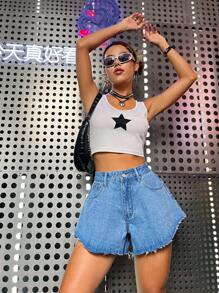 Solid Wide Leg Denim Shorts - Light Wash - View 5