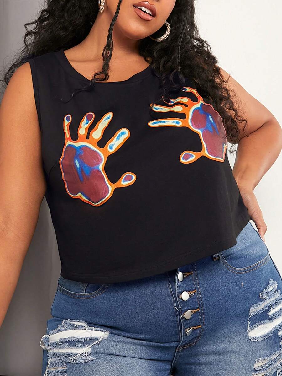 SHEIN CURVE+ Plus Figure Graphic Tank Top - Black - View 1
