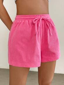 Muchica 腰部抽繩條紋針織前打結短褲 - 玫紅色 - 查看 3