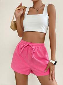 Muchica 腰部抽繩條紋針織前打結短褲 - 玫紅色 - 查看 4