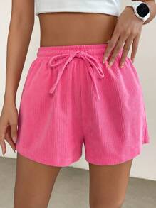 Muchica 腰部抽繩條紋針織前打結短褲 - 玫紅色 - 查看 6