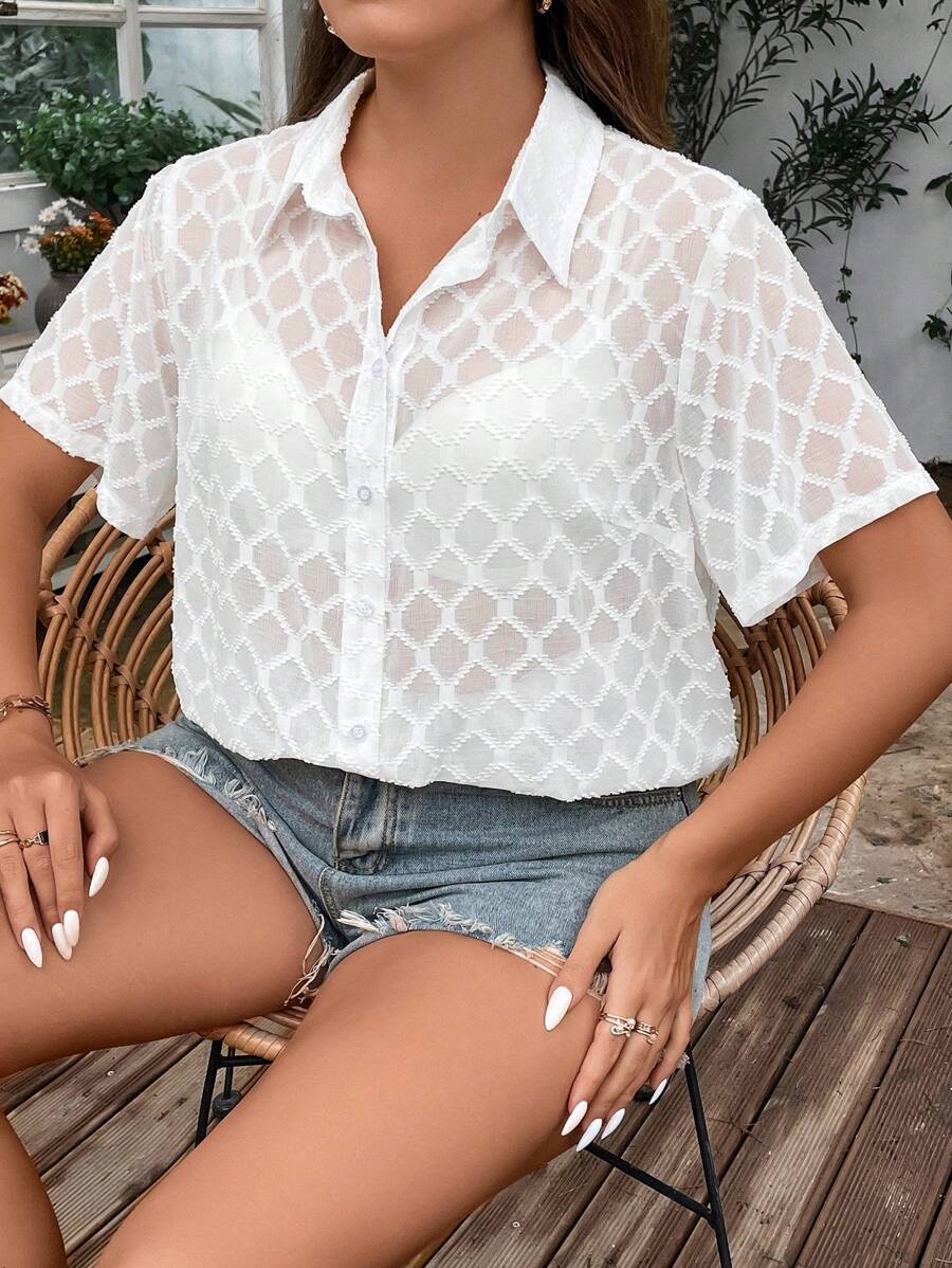 SHEIN Franclia Áo sơ mi Plus Size cắt Nút phía trước màu trơn Giải trí - trắng - Xem 1
