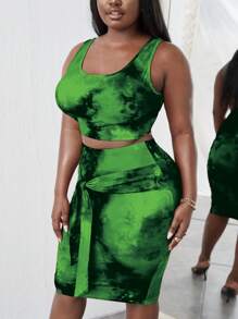 Maweii 大碼紮染背心上衣和前繫帶半身裙 - 綠色 - 查看 4