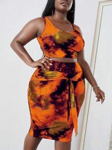 Maweii 大碼紮染背心上衣和前打結半身裙 - 亮橙色 - 查看 5