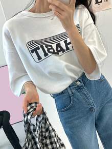 DAZY Camiseta de hombros caídos con estampado de letra - Blanco - Ver 1