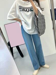 DAZY Camiseta de hombros caídos con estampado de letra - Blanco - Ver 4