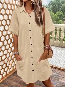 SHEIN LUNE Đầm Túi Nút phía trước màu trơn Giải trí - Màu Khaki - Xem 1