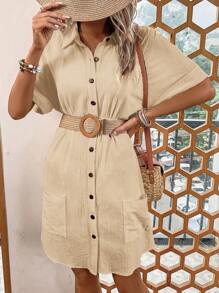 SHEIN LUNE Đầm Túi Nút phía trước màu trơn Giải trí - Màu Khaki - Xem 5
