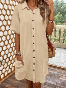 SHEIN LUNE Đầm Túi Nút phía trước màu trơn Giải trí - Màu Khaki - Xem 6