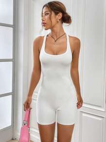 SHEIN EZwear Solid Unitard Romper - White - View 5