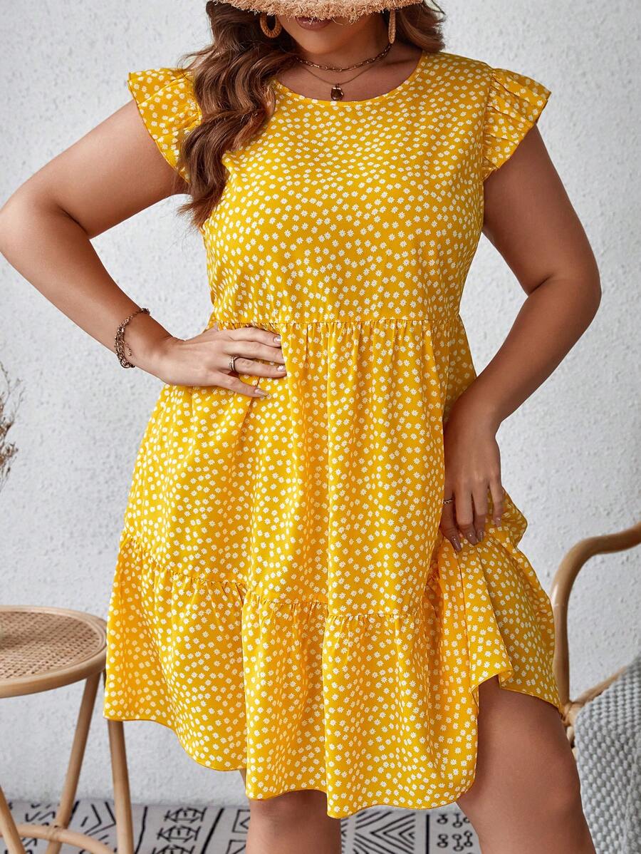 SHEIN VCAY Plus Ditsy Floral Print Ruffle Hem Smock Summer Dress - Yellow - View 1