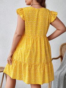 SHEIN VCAY Plus Ditsy Floral Print Ruffle Hem Smock Summer Dress - Yellow - View 2
