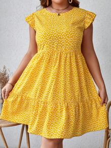 SHEIN VCAY Plus Ditsy Floral Print Ruffle Hem Smock Summer Dress - Yellow - View 3