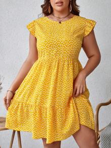 SHEIN VCAY Plus Ditsy Floral Print Ruffle Hem Smock Summer Dress - Yellow - View 4