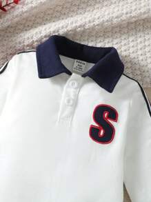 男嬰字母貼布拼接領條紋織帶側連身褲 - 白色 - 查看 3