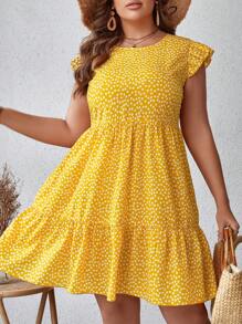 SHEIN VCAY Plus Ditsy Floral Print Ruffle Hem Smock Summer Dress - Yellow - View 5