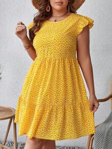 SHEIN VCAY Plus Ditsy Floral Print Ruffle Hem Smock Summer Dress - Yellow - View 6