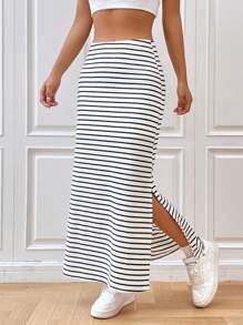 SHEIN EZwear Váy nữ Chia Sọc Giải trí - Đen và trắng - Xem 1