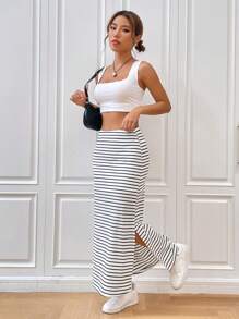 SHEIN EZwear Váy nữ Chia Sọc Giải trí - Đen và trắng - Xem 4
