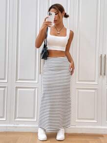 SHEIN EZwear Váy nữ Chia Sọc Giải trí - Đen và trắng - Xem 6