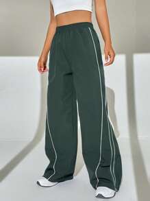 SHEIN EZwear Contrast Piping Wide Leg Pants - Dark Grey - View 1