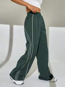 SHEIN EZwear Contrast Piping Wide Leg Pants - Dark Grey - View 4