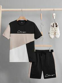 Manfinity RebelGame 男士字母圖案撞色T恤和腰部抽繩短褲 - 彩色 - 查看 1