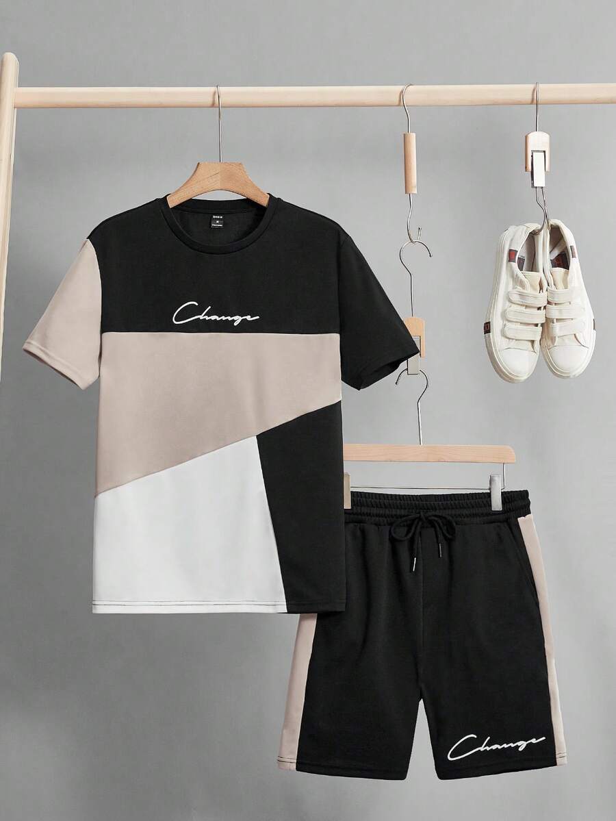 Manfinity RebelGame 男士字母圖案撞色T恤和腰部抽繩短褲 - 彩色 - 查看 1