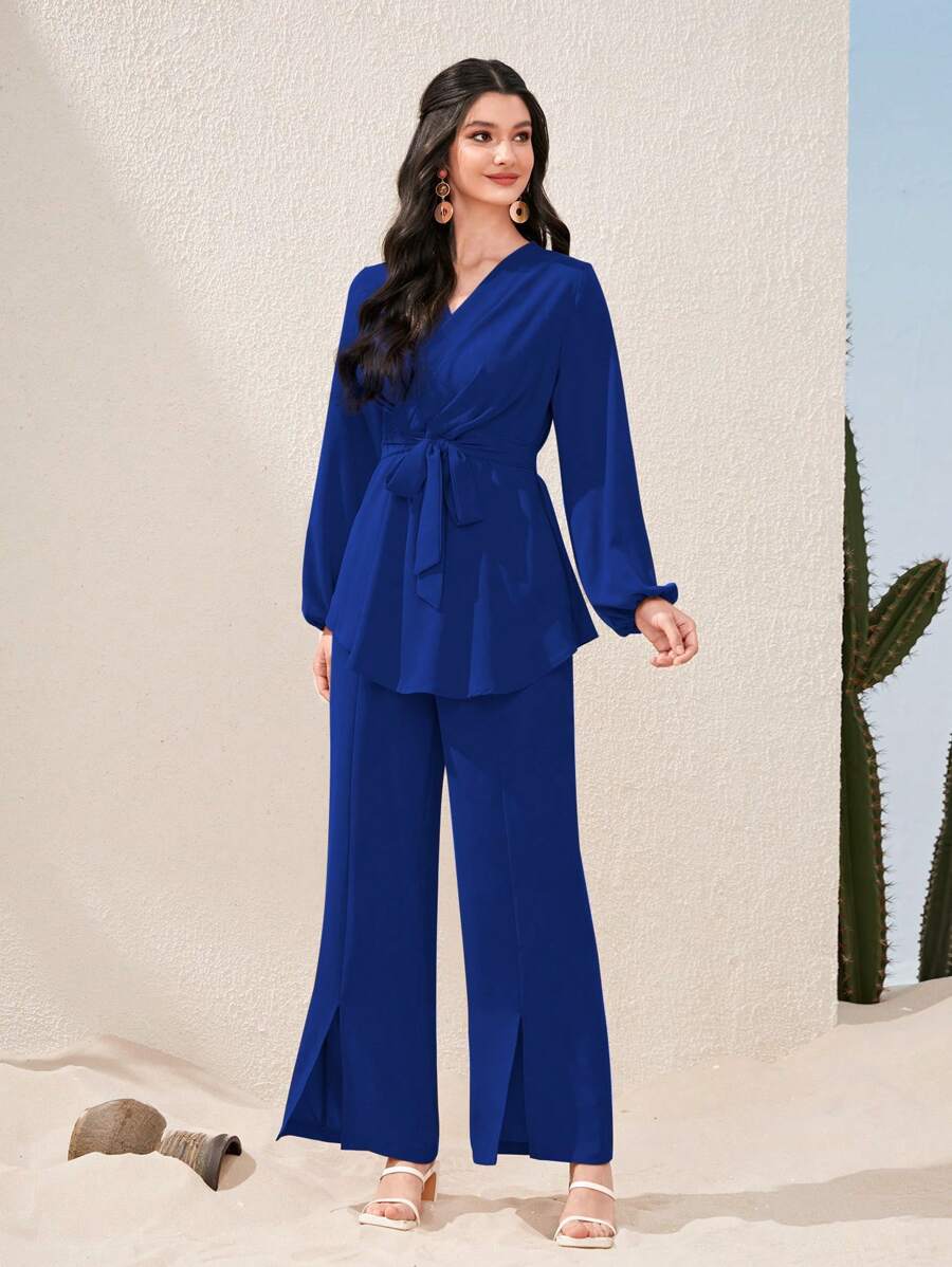 Mulvari Lantern Sleeve Belted Blouse & Split Hem Trousers - Blue - View 1