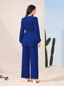 Mulvari Lantern Sleeve Belted Blouse & Split Hem Trousers - Blue - View 2