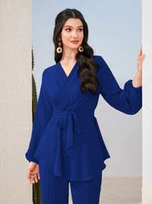 Mulvari Lantern Sleeve Belted Blouse & Split Hem Trousers - Blue - View 3