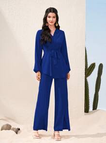 Mulvari Lantern Sleeve Belted Blouse & Split Hem Trousers - Blue - View 5