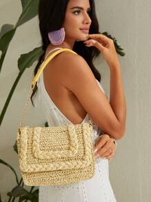 SHEIN VCAY 字母貼飾草編包 - 黃色 - 查看 1